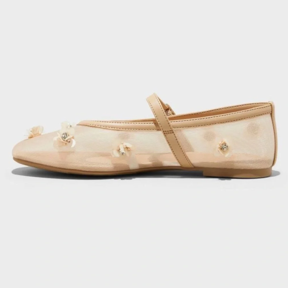 Mesh 3D flower appliqué embellished beaded ballet flats cream nude color - Picture 6 of 6